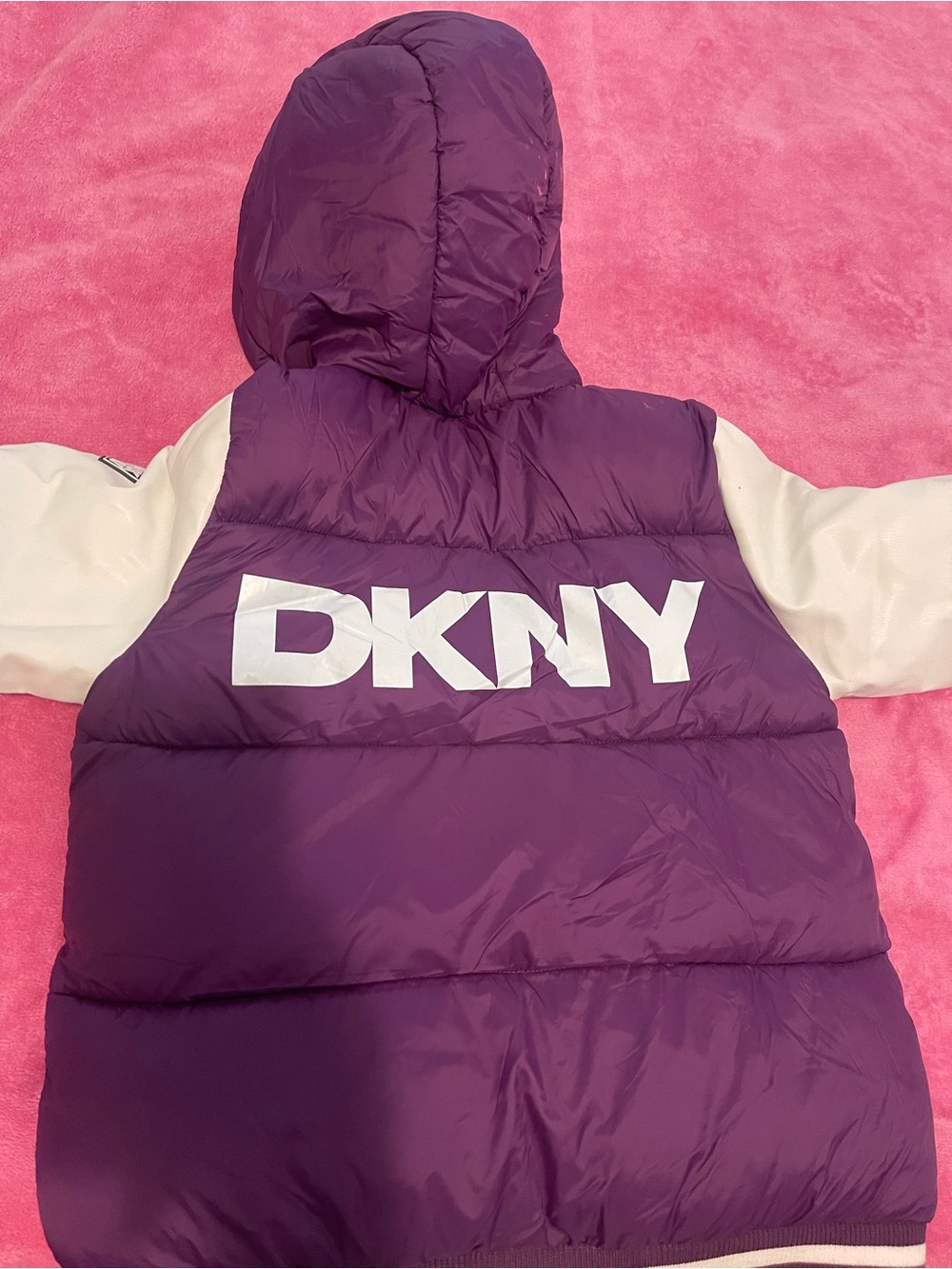 DKNY Purple and White Puffer Jacket with Hood
